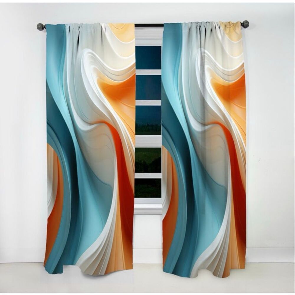 Blue And Orange Fractal Curves In Motion I - Fractal Abstract Room Curtain 1Pane